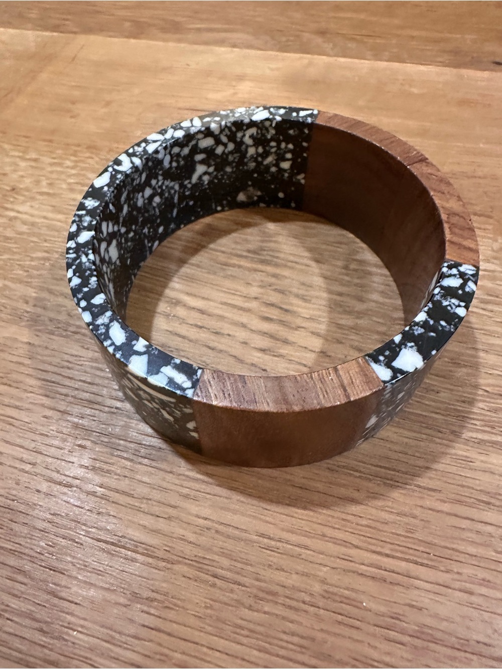 Wood and Black-White Speckle Bangle Bracelet